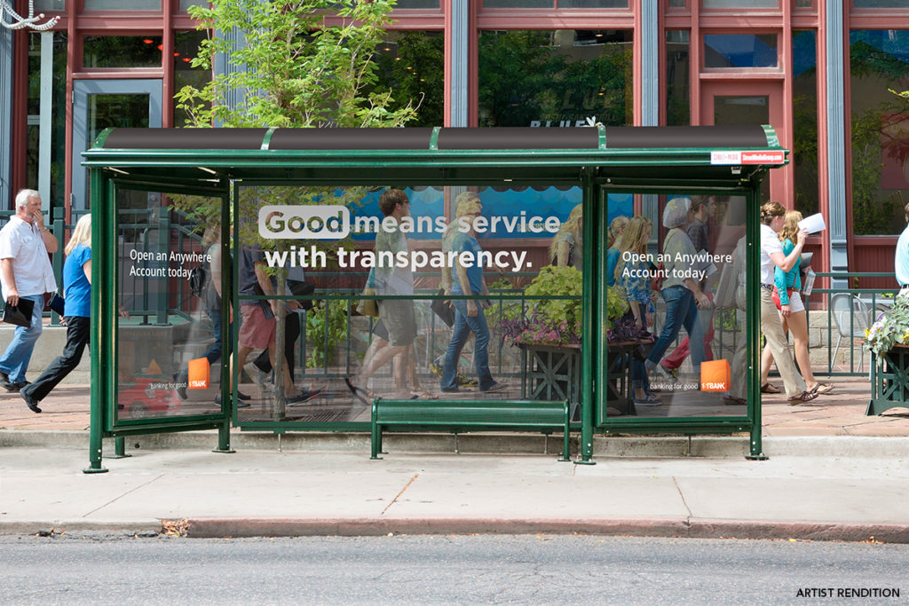 Bus Stop is Advertising a Transparent Mirror Themed Enhanced Curbside Castle for 1st Bank
