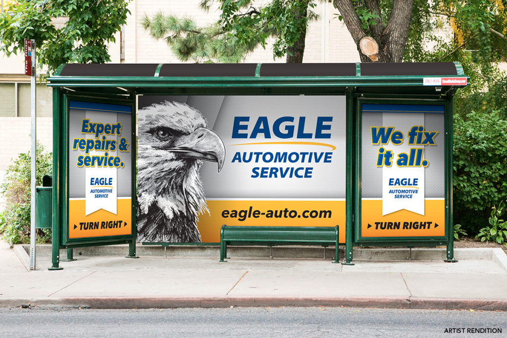 Bus Stop Curbside Castle Showcasing an Advertisement for Eagle Automotive Service