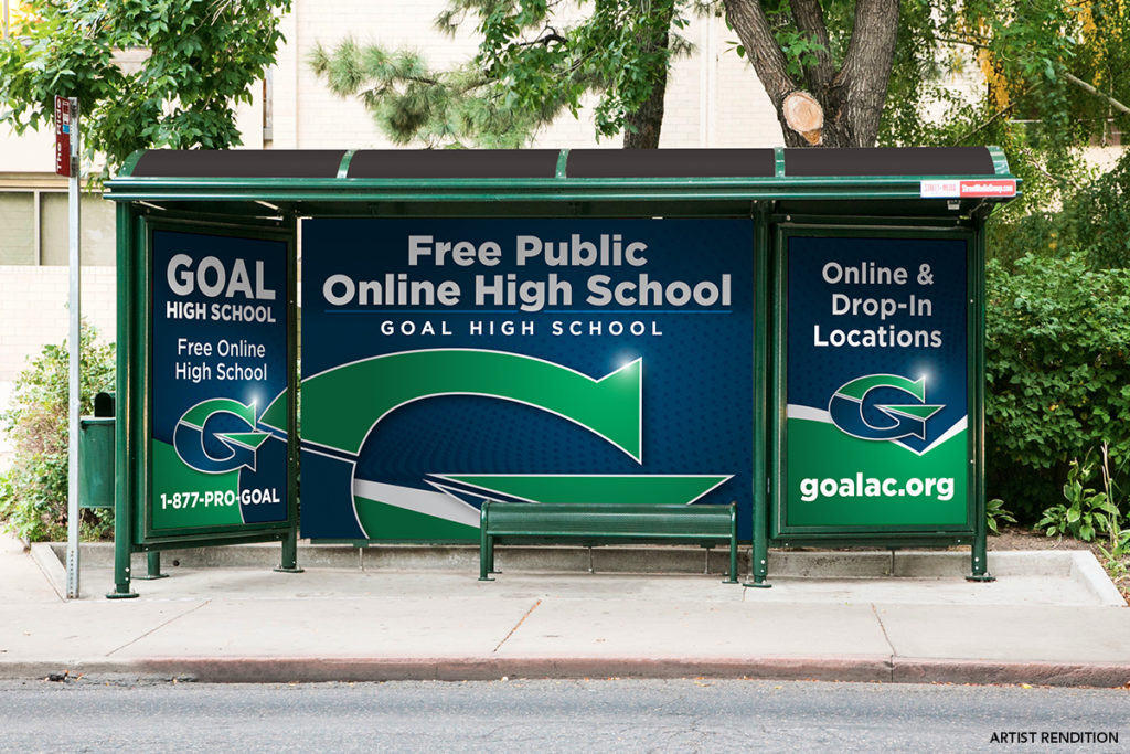 Goal Academy Showcasing Their Free Online High School Advertisement on a Bus Stop Curbside Castle