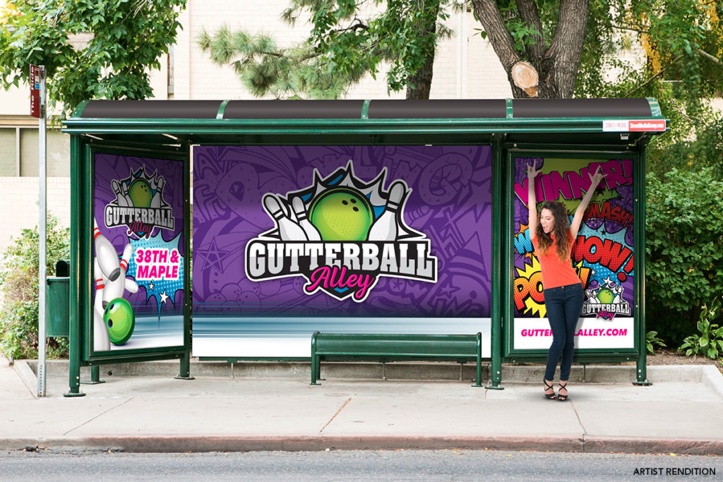 Bus Stop Curbside Castle Advertisement for Gutterball Alley