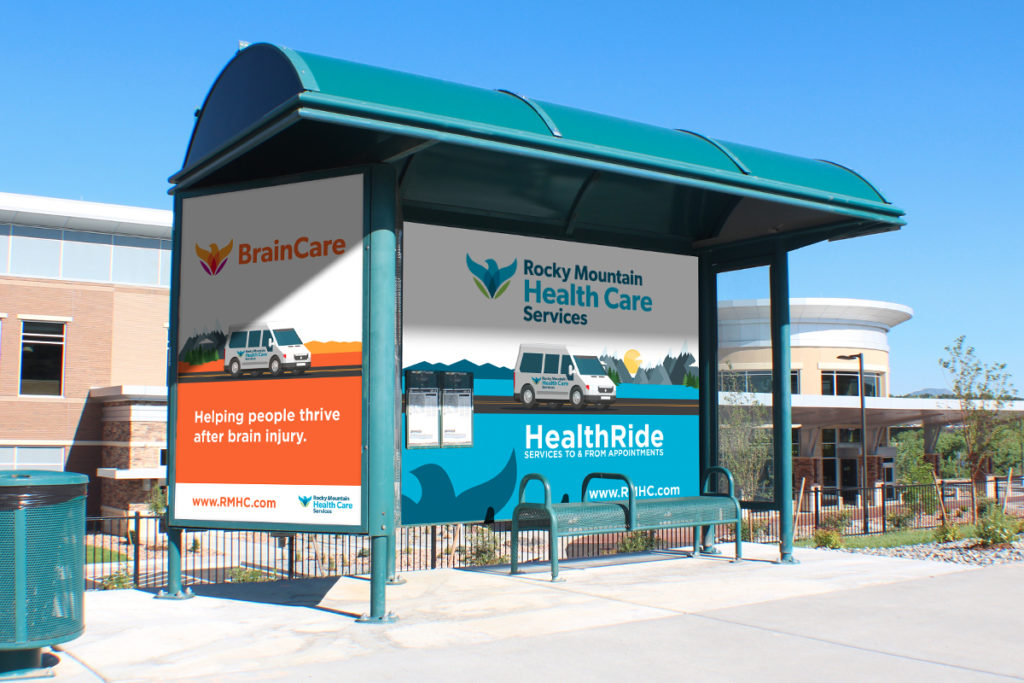 Rocky Mountain Health Care Advertisement on a Bus Stop Curbside Castle