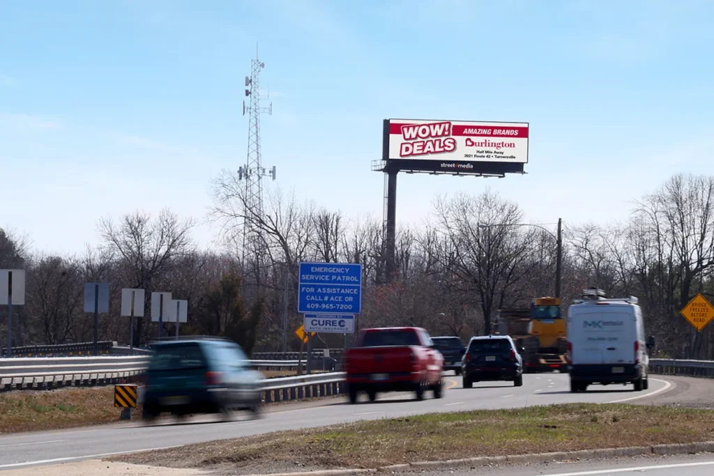 Digital billboard advertising in New Jersey, Atlantic City Expressway, near Philadelphia.
